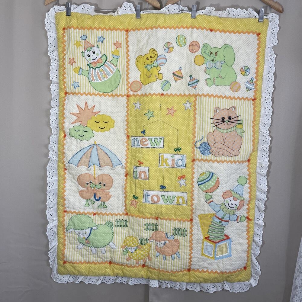 Vintage Handmade Baby Quilt New Kid in Town Sheep Cat Elephant Bird Clown Yellow